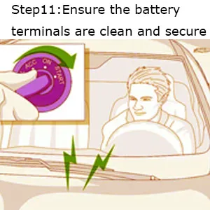 Step11: Ensure the battery terminals are clean and secure. Step11: Ensure the battery terminals are clean and secure.