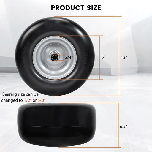 2pcs 13x6.5x6 Flat Free Tire And Wheel With 4"-7.5" Centered Hub 3/4" or 5/8" Bearings For Lawn Mower Garden Tractor