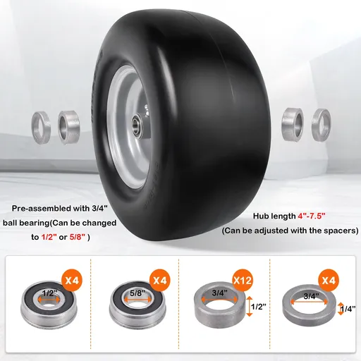2pcs 13x6.5x6 Flat Free Tire And Wheel With 4"-7.5" Centered Hub 3/4" or 5/8" Bearings For Lawn Mower Garden Tractor