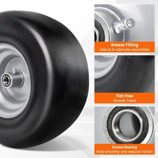 2pcs 13x6.5x6 Flat Free Tire And Wheel With 4"-7.5" Centered Hub 3/4" or 5/8" Bearings For Lawn Mower Garden Tractor