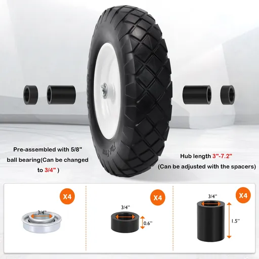 2pcs 15x4.80 4.00x8 Flat Free Tire And Wheel With 3"-7.2" Centered Hub 3/4" Bearings For Wheelbarrow Hand Truck Wagon