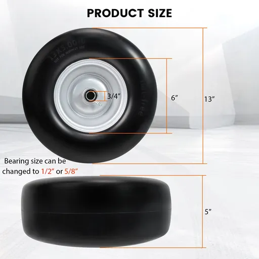 2pcs 13x5x6 Flat Free Tire And Wheel With 3.3"-5.8" Centered Hub 3/4" or 5/8" Bearing For Lawn Mower Garden Tractor
