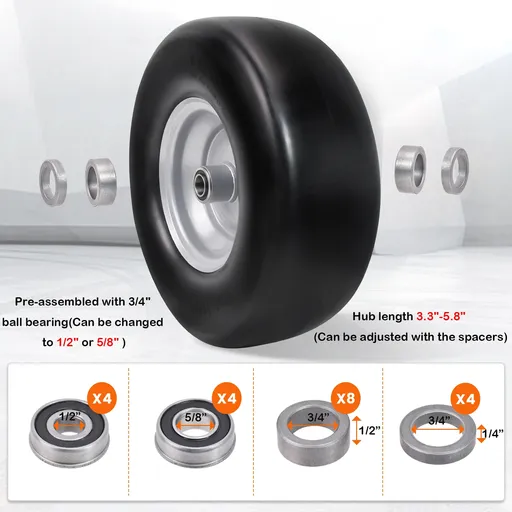 2pcs 13x5x6 Flat Free Tire And Wheel With 3.3"-5.8" Centered Hub 3/4" or 5/8" Bearing For Lawn Mower Garden Tractor