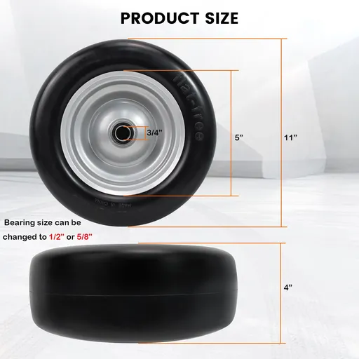 2pcs 11x4x5 Flat Free Tire And Wheel With 3.4"-5.98" Centered Hub 1/2" or 5/8" Bearing For Zero Turn Mowers