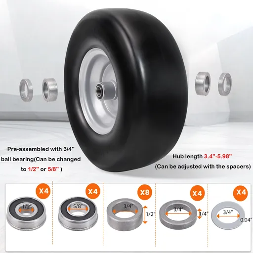 2pcs 11x4x5 Flat Free Tire And Wheel With 3.4"-5.98" Centered Hub 1/2" or 5/8" Bearing For Zero Turn Mowers
