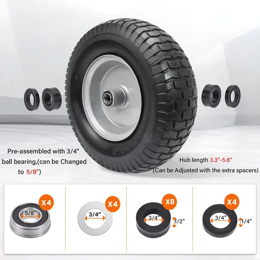 2pcs 13x5x6 Flat Free Tire And Wheel With 3.3" Hub 3/4" Bearing For Lawn Mower Garden Tractor