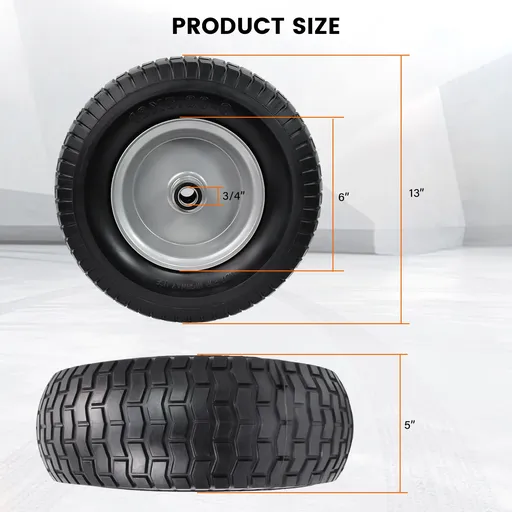 2pcs 13x5x6 Flat Free Tire And Wheel With 3.3" Hub 3/4" Bearing For Lawn Mower Garden Tractor