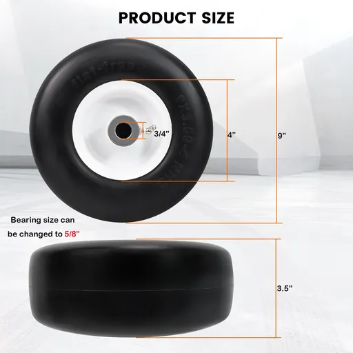 2pcs 9x3.50x4 Flat Free Tire And Wheel With 4.4" Hub 3/4" Bearing For Lawn Mower Garden Tractor