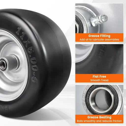 2pcs 11x6x5 Flat Free Tire And Wheel With 4" Hub 3/4" Bearing For Lawn Mower Garden Tractor