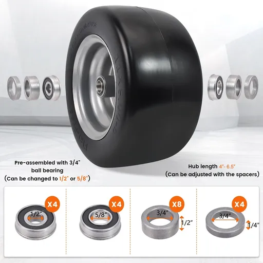 2pcs 11x6x5 Flat Free Tire And Wheel With 4" Hub 3/4" Bearing For Lawn Mower Garden Tractor
