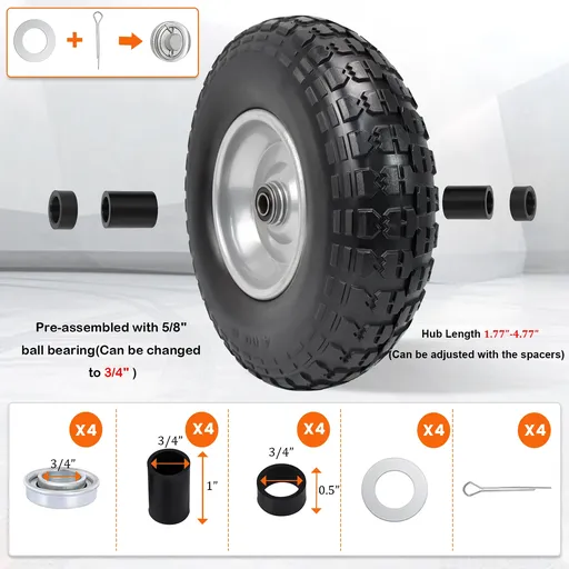 2pcs 13x4.00x6 Flat Free Tire And Wheel With 1.8"-4.8" Centered Hub 5/8" or 3/4" Bearings For Lawn Mower Garden Tractor