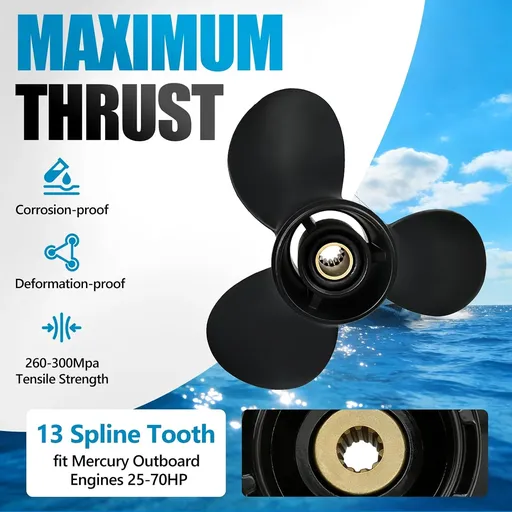 10-3/8 x 13 Aluminum Outboard Propeller Fit Mercury 25-70HP 3 Blade Replace 48-73136A40