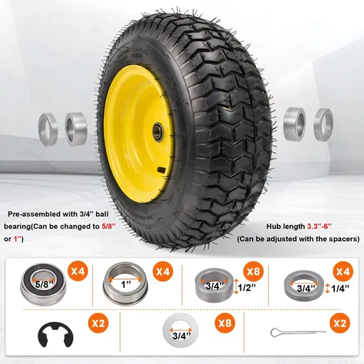 2pcs 16x6.5x8 Turf Tire With 3.3" Hub 3/4" Bearing For Lawn Mower Garden Tractor