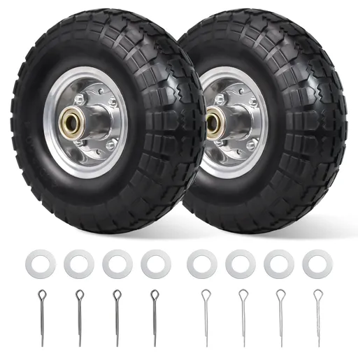 2pcs 10" 4.1x3.5x4 Flat Free Tire And Wheel With 2.2" Hub 5/8" Bearing For Wheelbarrow Hand Truck Wagon