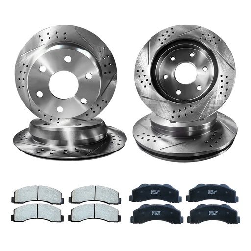 [210-BR301*2-BR401*2-101-201] 1999-2007 Chevy Silverado 1500 Front Rear Drilled And Slotted Brake Rotors Included Ceramic Pads 2WD 4WD