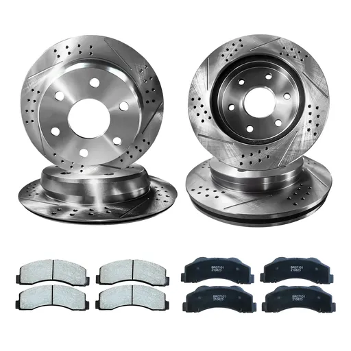 [210-BR301*2-BR401*2-101A-201A] Drilled Slotted Brakes Rotors With Ceramic Brake Pads Replacement For 1999-2007 Chevy Silverado 1500 12 inch Front And 13.46 inch Rear