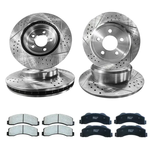 [210-BR304*2-BR404*2-104-204] Drilled Slotted Brakes Rotors With Ceramic Brake Pads Replacement For 2008-2011 Chrysler Town And Country Dodge Grand Caravan 12.6 inch Front Rear