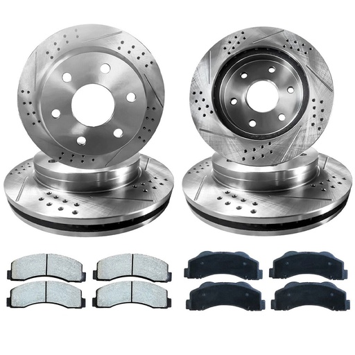 [BR07144*2-45*2-03-04] 12 inch Front And 13.86 inch Rear Drilled Slotted Brake Rotors For  2001-2006 Chevy Silverado GMC Sierra 1500 Included Ceramic Pads