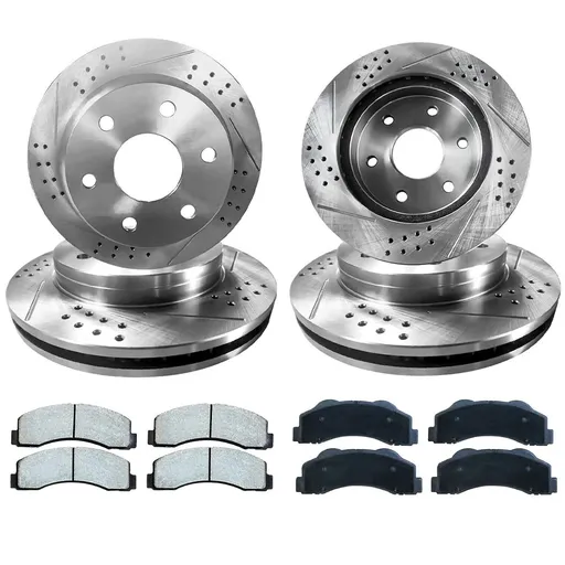 [BR07144*2-45*2-03-04] Drilled Slotted Brakes Rotors With Ceramic Brake Pads Replacement For 2001-2006 Chevy Silverado GMC Sierra 1500 12 inch Front And 13.86 inch Rear
