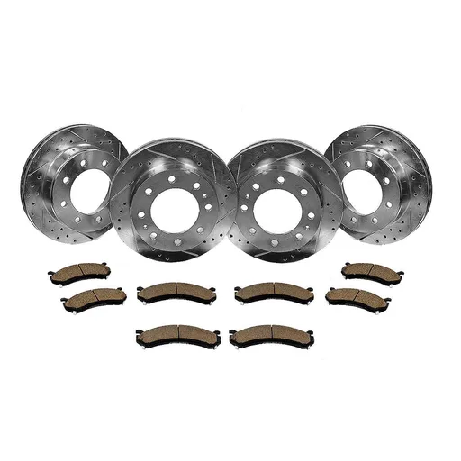 [BR07156*2-57*2-15-03] Drilled Slotted Brakes Rotors With Ceramic Brake Pads Replacement For  2001-2010 Chevy Silverado 2500HD 12.80 inch Front And 13 inch Rear