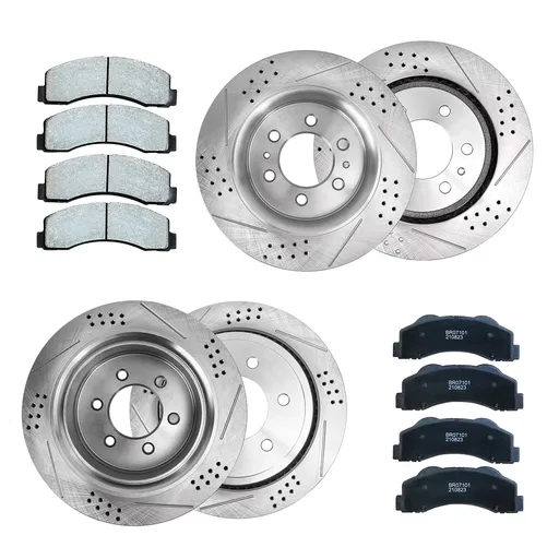 [BR07158*2-59*2-16-17] 12.99 inch Front And 13.57 inch Rear Drilled Slotted Brake Rotors For 2007-2014 Cadillac Escalade Chevy Silverado 1500 Included Ceramic Pads