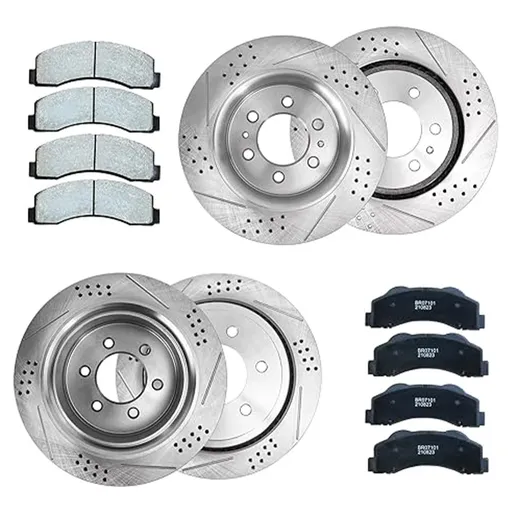 [BR07170*2-71*2-28-29] Drilled Slotted Brakes Rotors With Ceramic Brake Pads Replacement For 2008 2009 2010 Nissan Titan Infiniti QX56 13.78 inch Front And 12.58 inch Rear