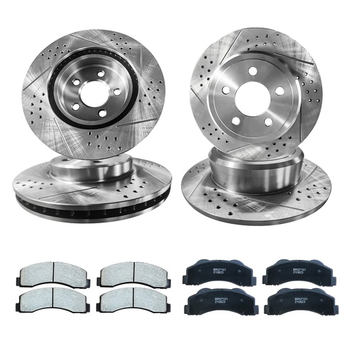 [BR08831*2-32*2-BR08847-46] 13.94 inch Front And 13.58 inch Rear Drilled Slotted Brake Rotors For 2007-2021 Toyota Tundra 2008-2021 Toyota Sequoia 2016-2021 Land Cruiser Lexus LX570 Included Ceramic Pads